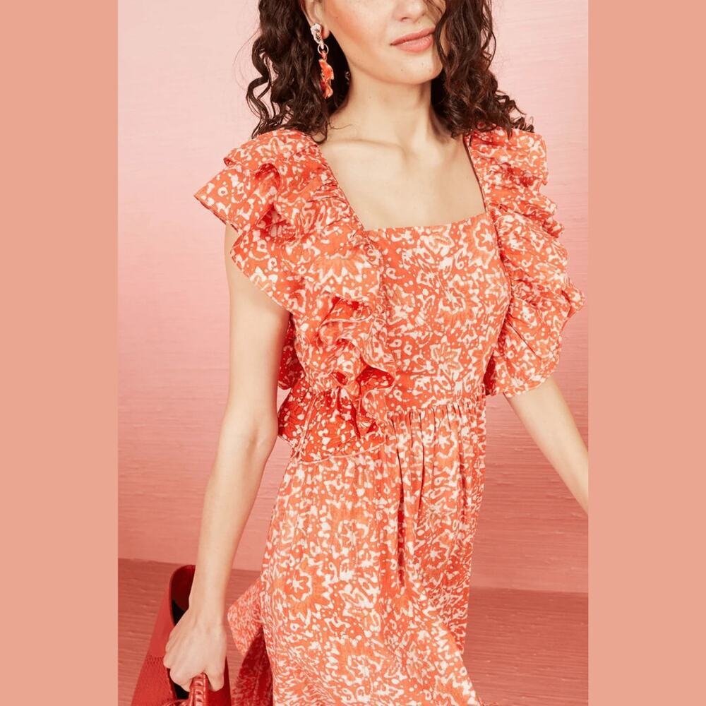 ULLA JOHNSON‎ Freida Printed Cotton Midi Dress Coral Batik Red Orange White US 4 - Picture 3 of 12